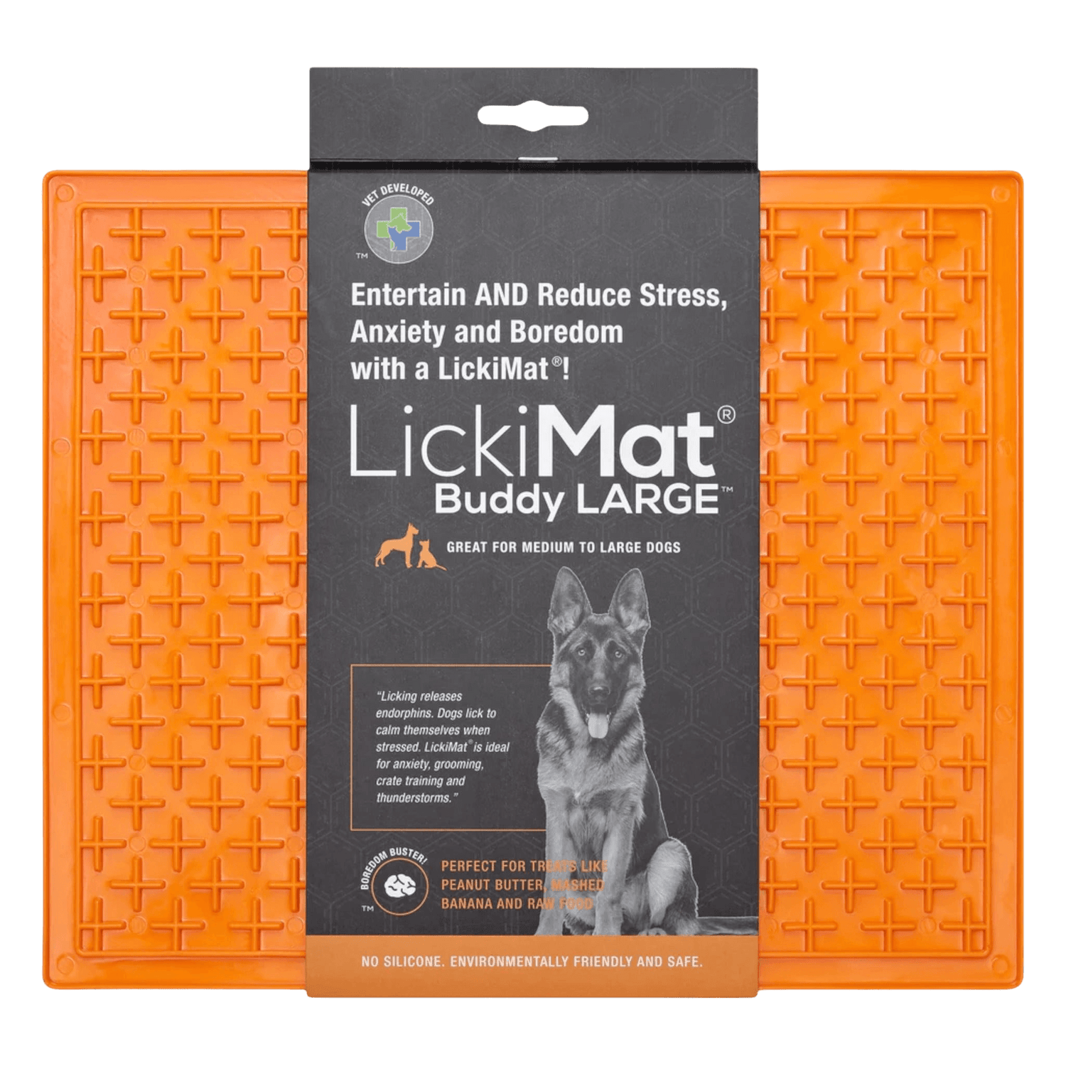 LickiMat® Classic Buddy™ XL in orange, a boredom-busting dog bowl alternative that supports healthy feeding habits and anxiety relief.