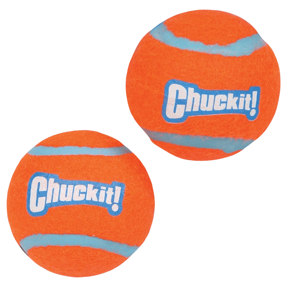 Chuckit Tennis Balls for dogs in bright orange with blue stripes, designed for durable, high-energy fetch play and interactive pet fun.