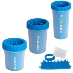 Set of blue Dexas Mudbuster paw cleaners in three sizes with disassembled parts, perfect for pet grooming and paw hygiene.