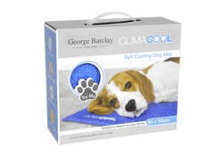 George Barclay ClimaCOOL Self Cooling Dog Mat packaging box showing product features and a dog lying on the mat, ideal for medium to large breeds.