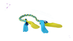 CoA Coachi Tuggi Tug Navy, Lime & Light Blue dog toy measuring 145cm, featuring durable braided rope and soft stretchy ends for tough play.
