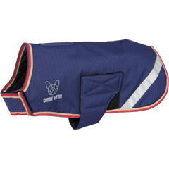 Navy Digby & Fox Waterproof Dog Coat featuring a reflective band and red trim, designed for warmth and visibility during cold weather walks.