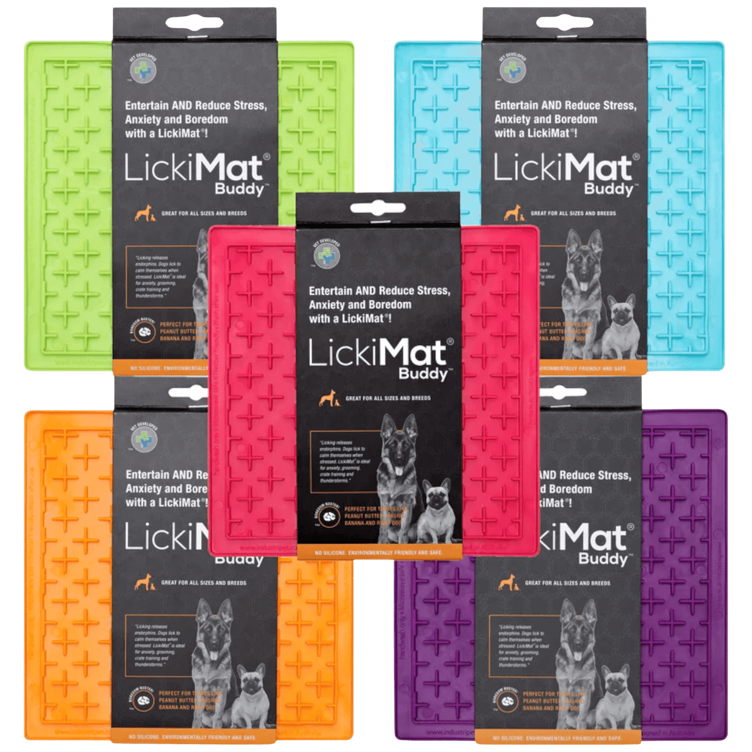 LickiMat® Classic Buddy™ slow feeder mats in assorted colors including green, orange, pink, blue, and purple. Ideal for reducing pet anxiety and boredom.