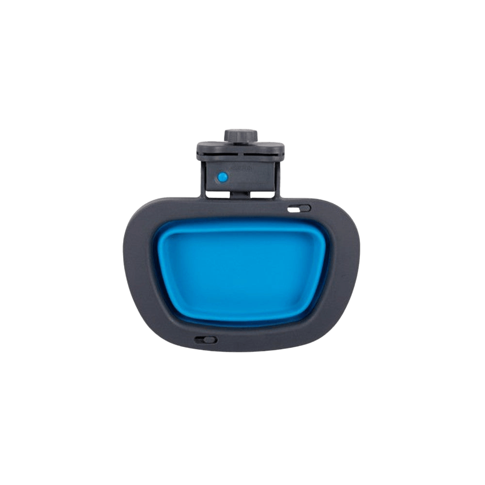 Top view of Dexas Collapsible Kennel Bowl Large in blue, showcasing compact design and secure latch for pet travel convenience.