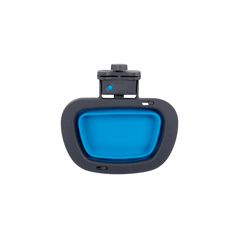 Top view of Dexas Collapsible Kennel Bowl Large in blue, showcasing compact design and secure latch for pet travel convenience.