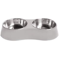 Stylish George Barclay Concave Double Feeding Dog Bowl in grey featuring dual stainless steel bowls for food and water, perfect for modern pet homes.