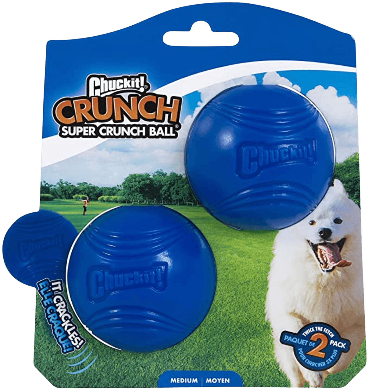 Chuckit Crunch Super Ball 2-pack for dogs, medium size, featuring durable blue balls with built-in crackle sound to engage pets during fetch play.
