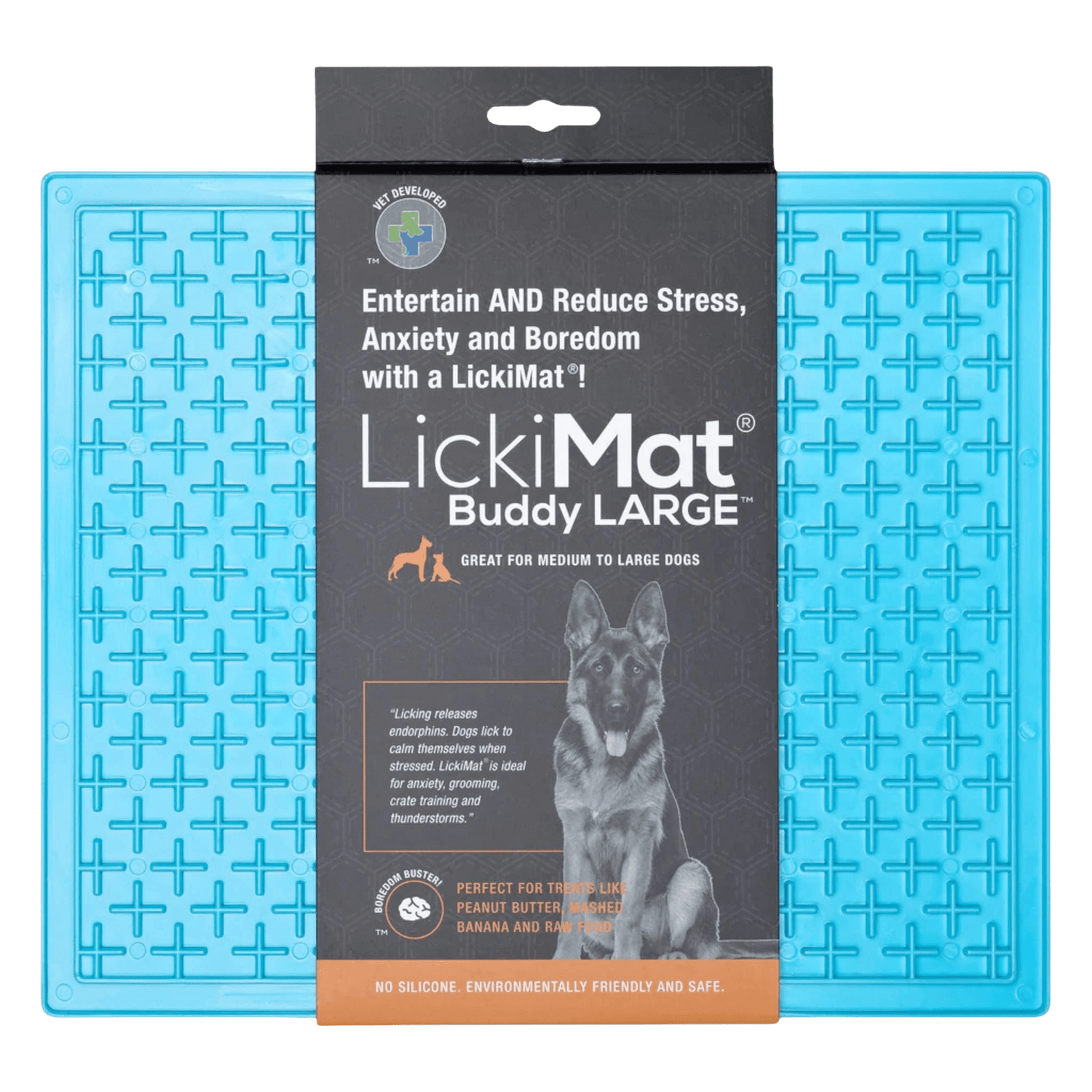 LickiMat® Classic Buddy™ XL in blue, a pet training aid that promotes calm behavior by encouraging slow feeding with treats or wet food.