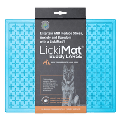 LickiMat® Classic Buddy™ XL in blue, a pet training aid that promotes calm behavior by encouraging slow feeding with treats or wet food.