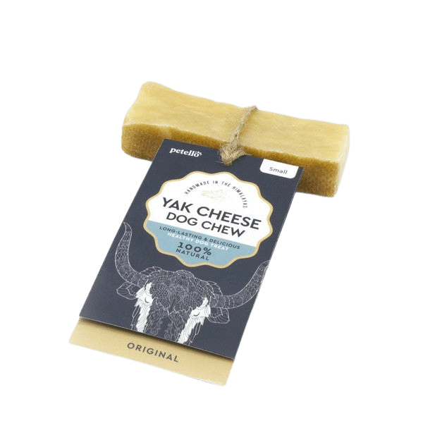 Small Petello Yak Cheese Dog Chew with branded tag, made from 100% natural Himalayan ingredients. Perfect size for small breed dogs.