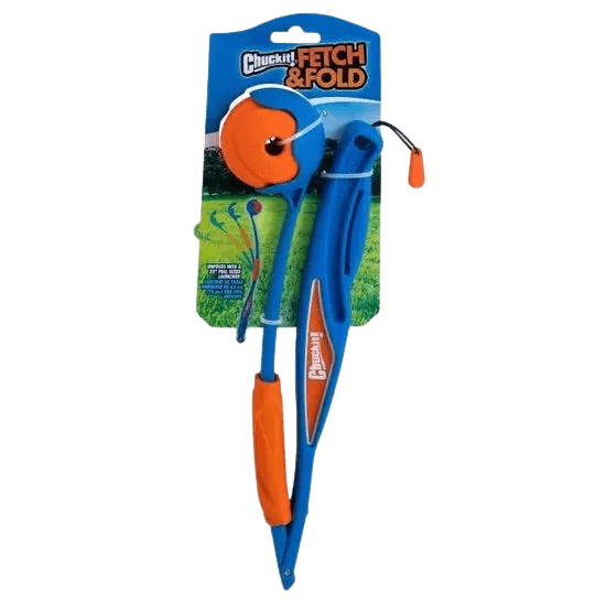 Chuckit Fetch & Fold Launcher with orange ball, designed for portable dog fetch play. Foldable design ideal for travel and outdoor use.
