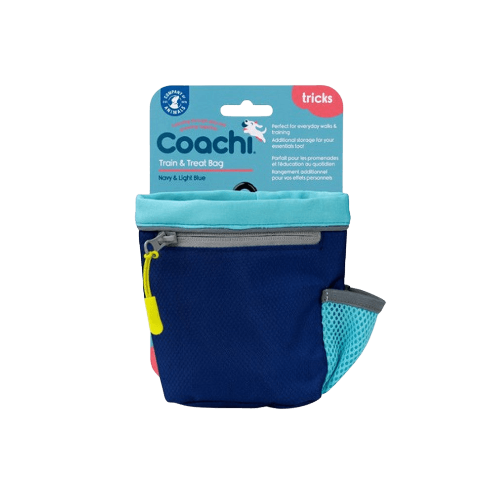 Retail-packaged CoA Treat Bag in navy and light blue, designed for pet training with easy-access treat storage.