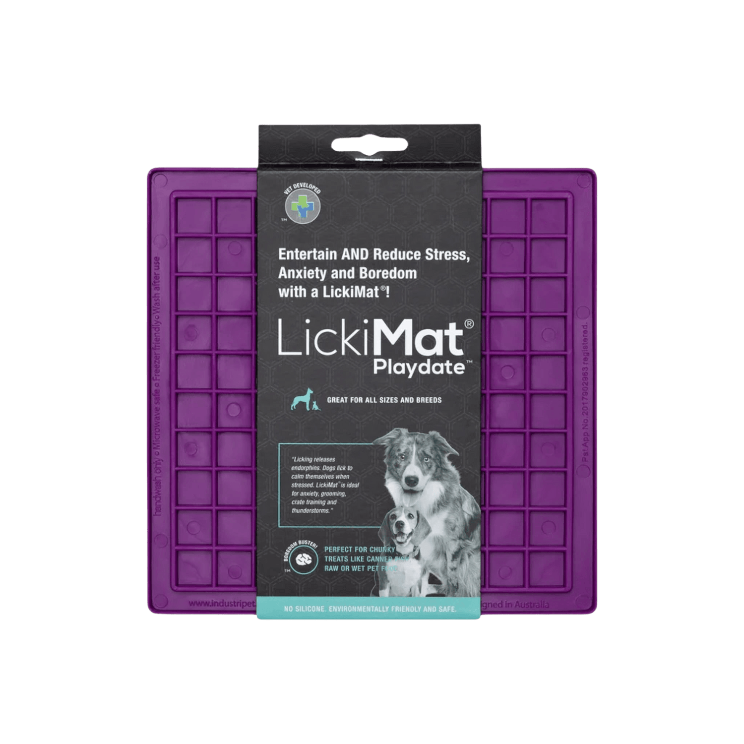 LickiMat® Classic Playdate™ purple dog bowl alternative that helps calm pets and slow down feeding with textured surface.