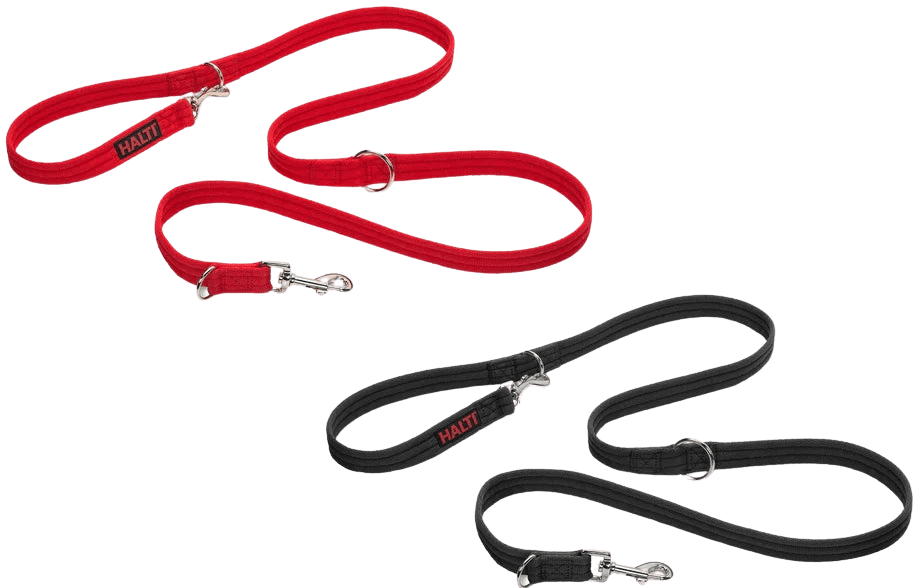 Halti Training Lead in red, showcasing dual trigger clips and adjustable rings for 8 versatile uses. Ideal for dog training and control.