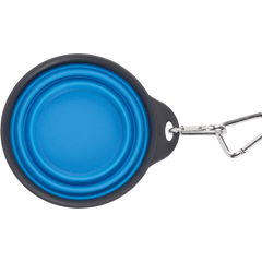 Top view of folded Dexas Travel Cup, Large 473ml in blue with carabiner, showcasing compact design for portable pet feeding solutions.