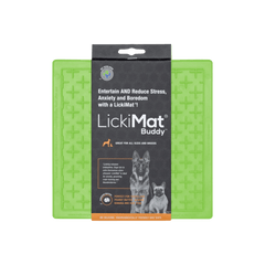 LickiMat® Classic Buddy™ in green, a textured slow feeder mat for dogs and cats. Helps reduce anxiety and promotes healthy eating habits.