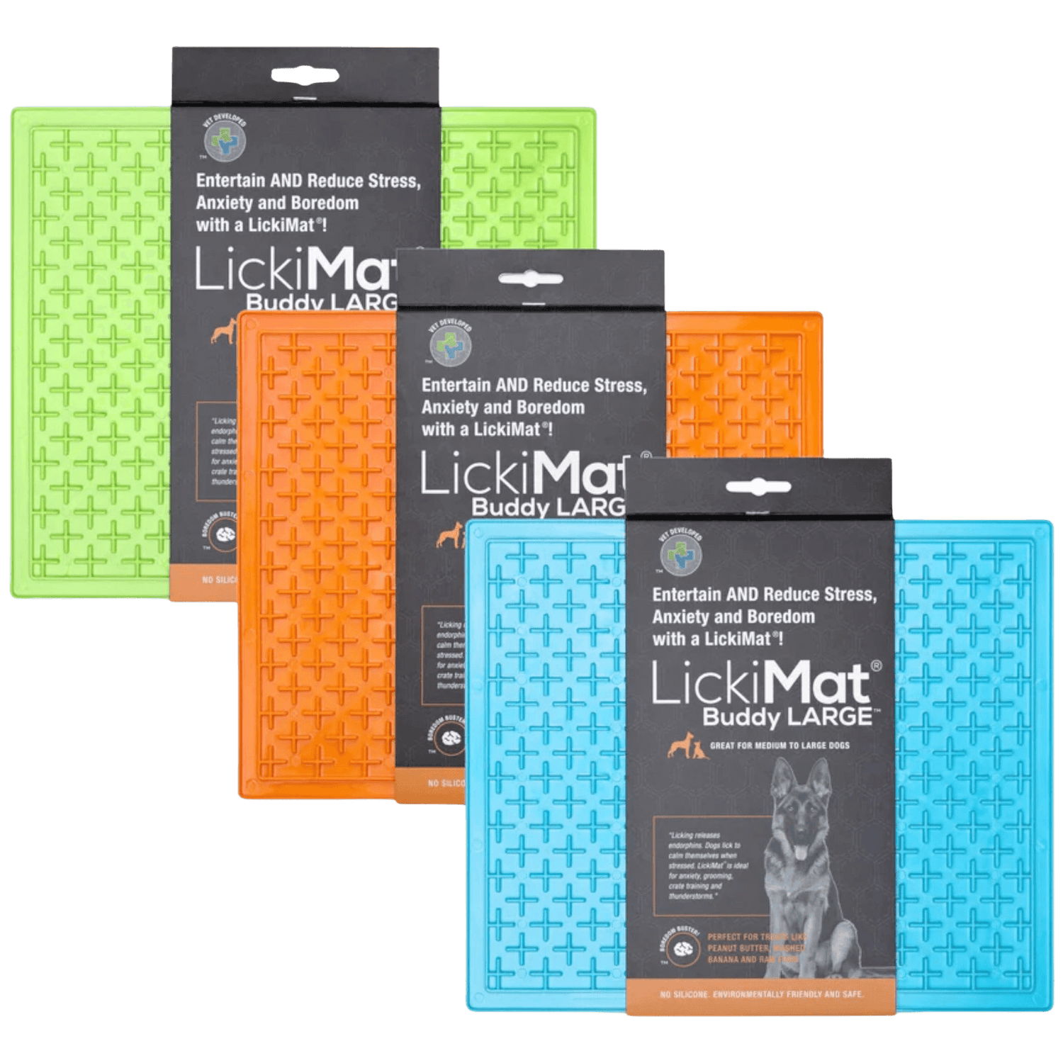 LickiMat® Classic Buddy™ XL dog bowls in green, orange, and blue colors, designed to reduce pet anxiety and boredom with slow feeding.