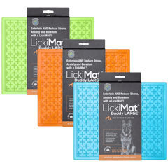 LickiMat® Classic Buddy™ XL dog bowls in green, orange, and blue colors, designed to reduce pet anxiety and boredom with slow feeding.