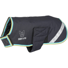 Digby & Fox Waterproof Dog Coat in grey with reflective strip and suede-look trim, ideal for keeping dogs dry and stylish outdoors.
