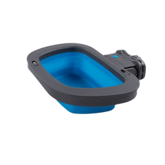 Dexas Collapsible Kennel Bowl Large in blue with snap-lock latch, ideal for travel and outdoor pet feeding or watering.