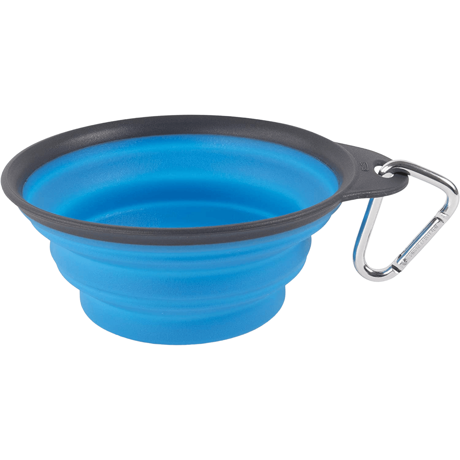 Dexas Travel Cup, Large 473ml collapsible blue dog bowl with black rim and carabiner for easy attachment, ideal for travel use.