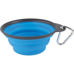 Dexas Travel Cup, Large 473ml collapsible blue dog bowl with black rim and carabiner for easy attachment, ideal for travel use.