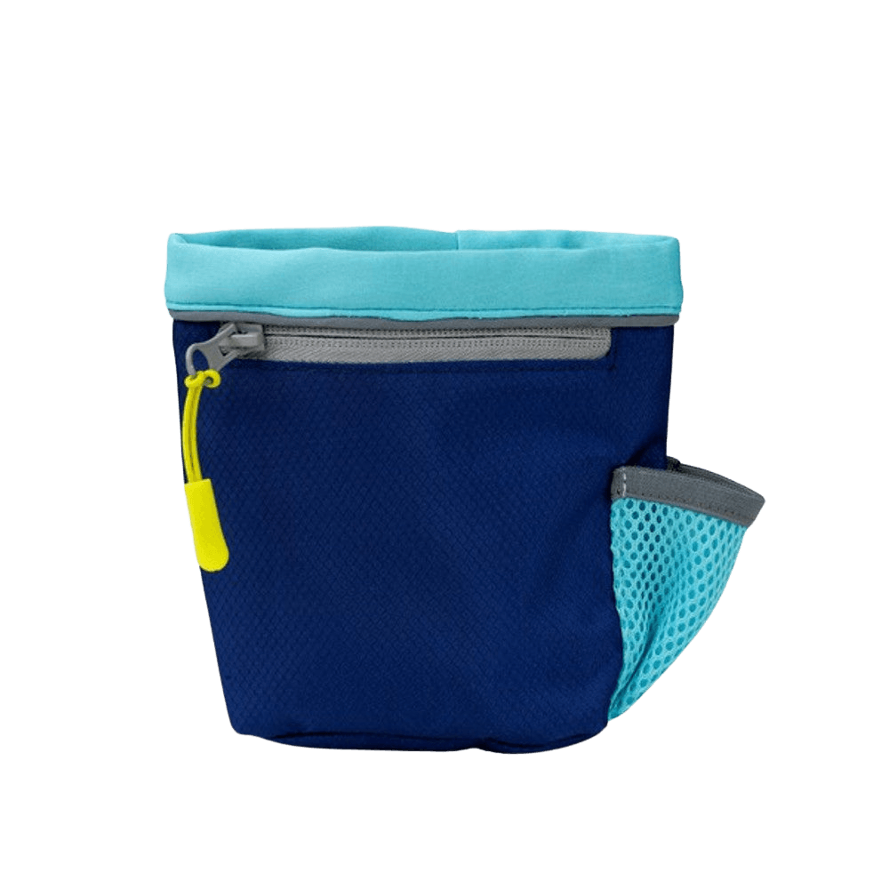 CoA Treat Bag in navy with light blue trim and mesh pocket, perfect for pet training sessions and treat dispensing.