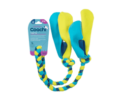 CoA Coachi Tuggi Tug Navy, Lime & Light Blue dog toy with braided rope and soft fabric ends, ideal for tug-of-war and interactive play.