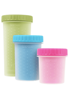 Dexas Mudbuster dog paw cleaners in green, blue, and pink, shown in small, medium, and large sizes for pet grooming convenience.