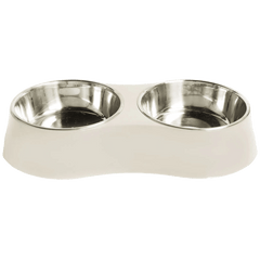 George Barclay Concave Double Feeding Dog Bowl in cream with two stainless steel inserts, ideal for stylish and functional pet feeding.