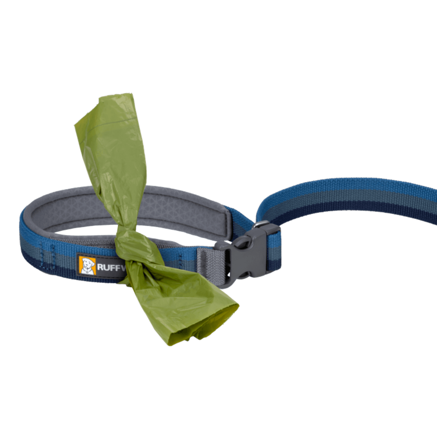 Ruffwear Roamer™ Leash handle with green waste bags attached, showing built-in convenience for pet owners on the go.