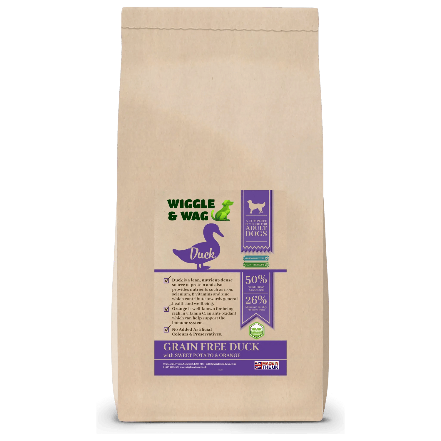 Wiggle & Wag Grain Free Duck Dog Food | Sweet Potato & Orange (Adult)