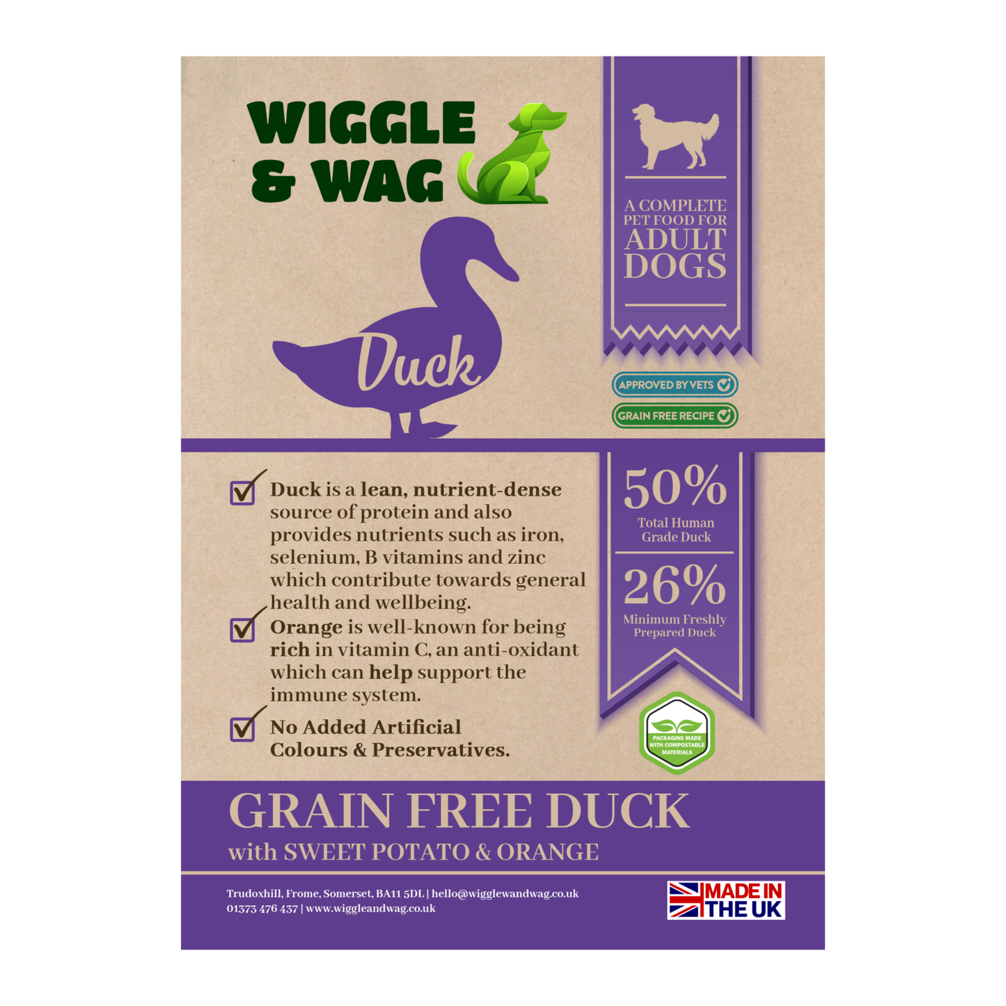 Grain Free Dog Food - Duck, Sweet Potato & Orange, Complete adult dog food